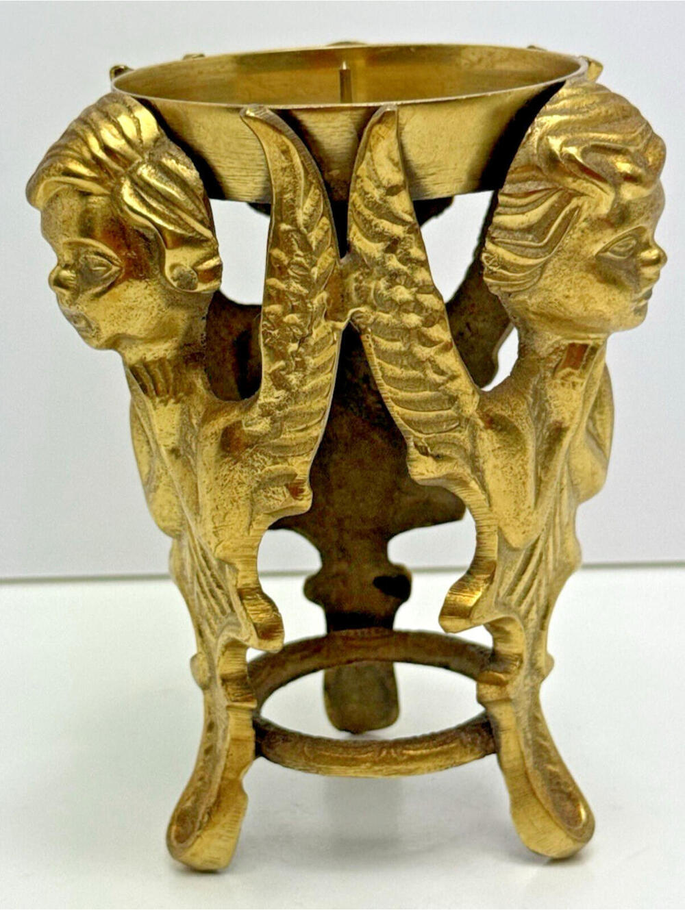 Vtg Brass Cherub Angel Pillar Candle Holder Footed Stand Gold